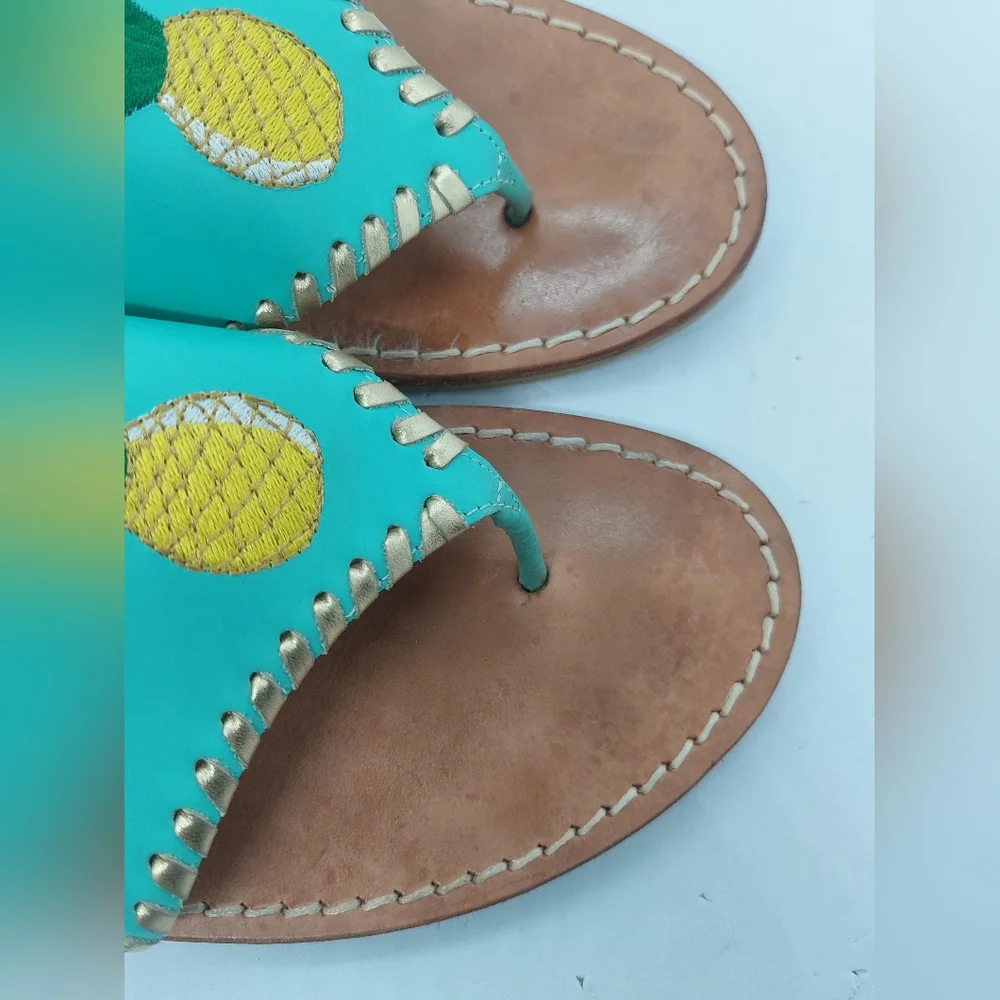 Jack Rogers Sandals Embroidered Pineapple Turquoise Leather Women's Size 9